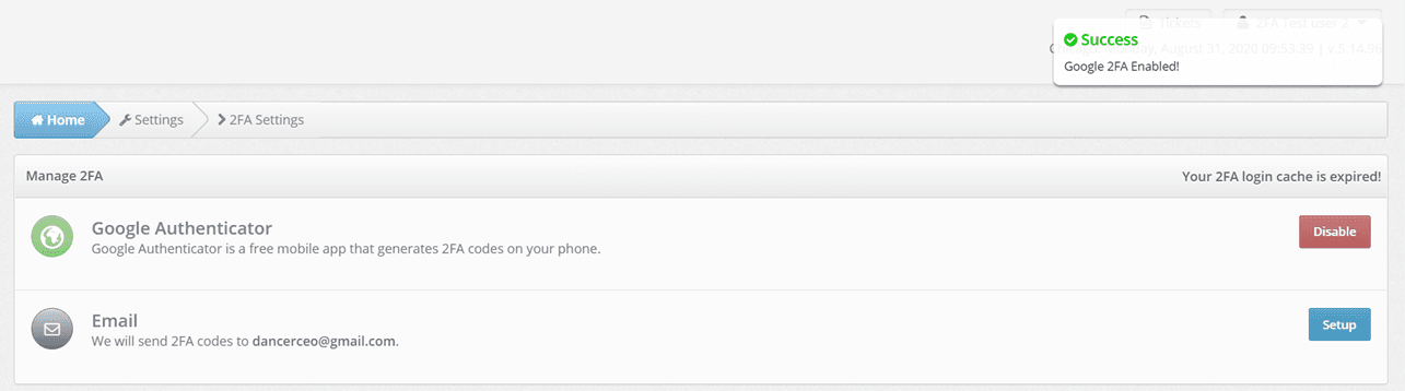 2FA Setup Confirmation