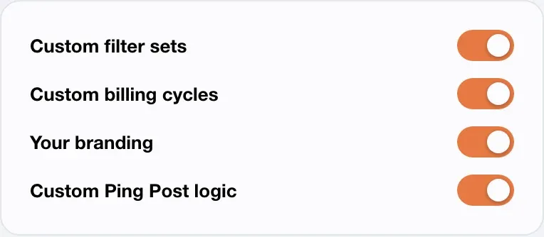 Customization toggles for filter sets, billing cycles, branding and Ping Post logic