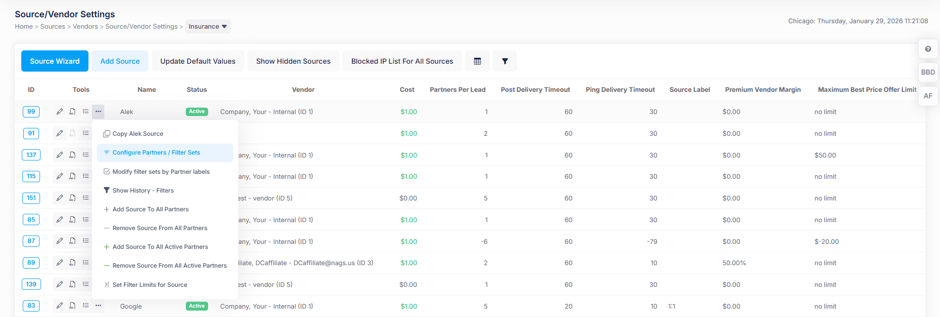 Configure Partners/Filter Sets Tool