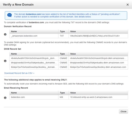 amazon ses verify a domain