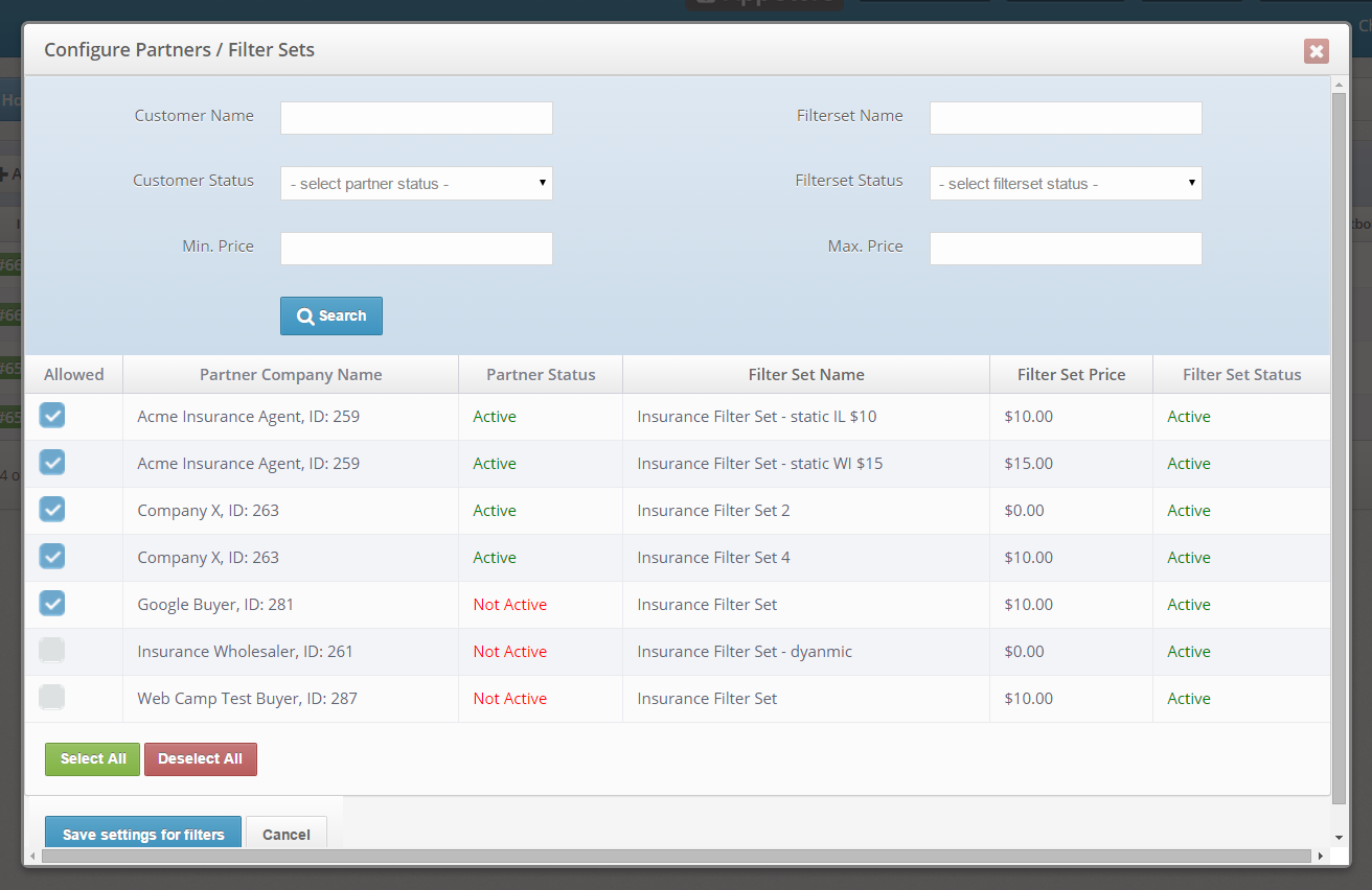 Configure Partners/Filter Sets Tool