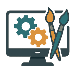 Symbol of customization grears and paint brushes for software so maybe a computer monitor