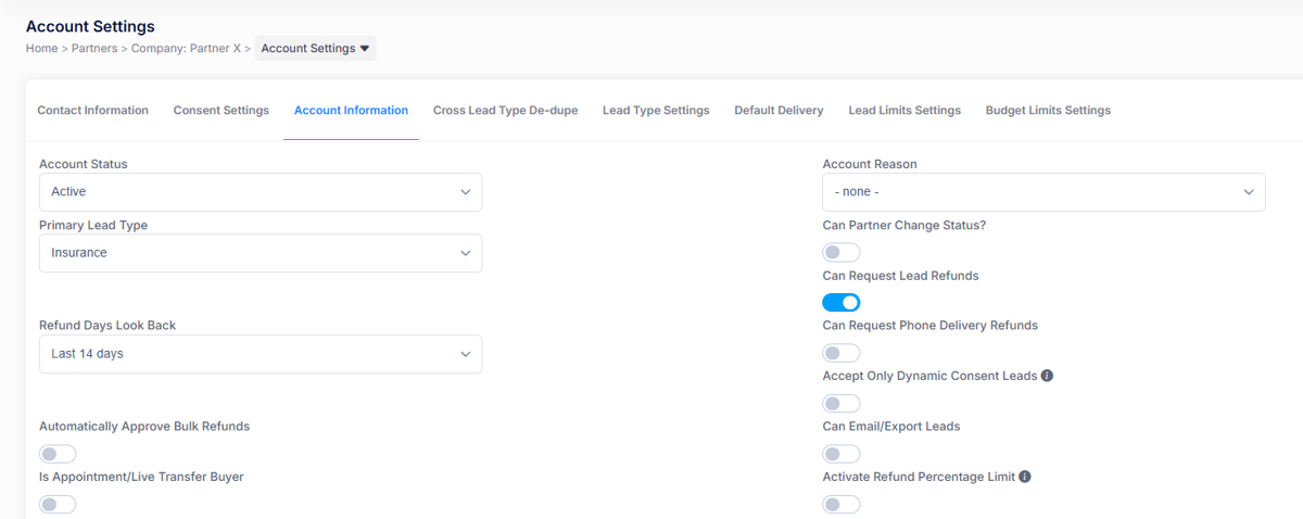 Partner account settings