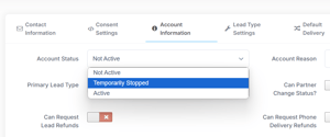 Partner account status, active, not active, temporarily stopped