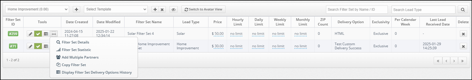 filter set details