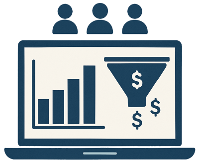 The image depicts a laptop screen displaying a bar graph with a funnel labeled with dollar signs on the right side suggesting a financial or sales context There are also user icons above the laptop which could (1)