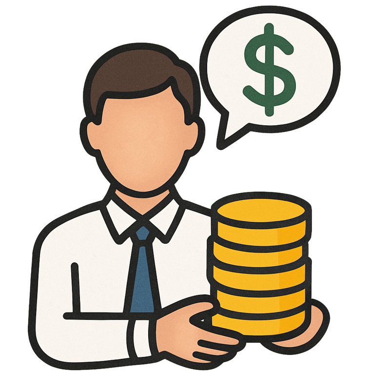 The image depicts a stylized illustration of a person with a blurred face wearing a white shirt and tie holding a stack of yellow coins Above the person there is a speech bubble with a green dollar sign suggesting