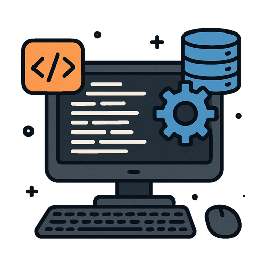 The image depicts a stylized representation of a computer setup with a monitor displaying lines of text possibly code and a gear to the right side indicating settings or configuration There are also two icons one_