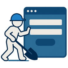The image features a stylized white figure of a person wearing a blue helmet holding a shovel in its left hand and pushing against a large blue rectangle that resembles a web form