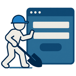 The image features a stylized white figure of a person wearing a blue helmet holding a shovel in its left hand and pushing against a large blue rectangle that resembles a web form