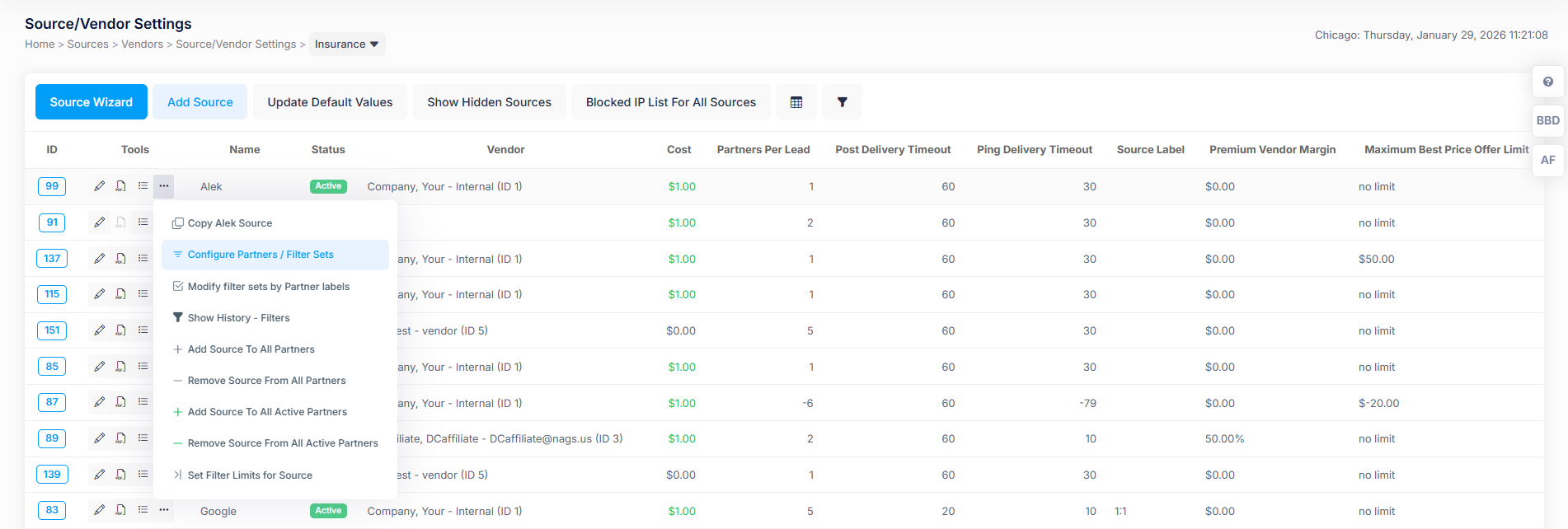 SOURCE VENDOR SETTINGS
