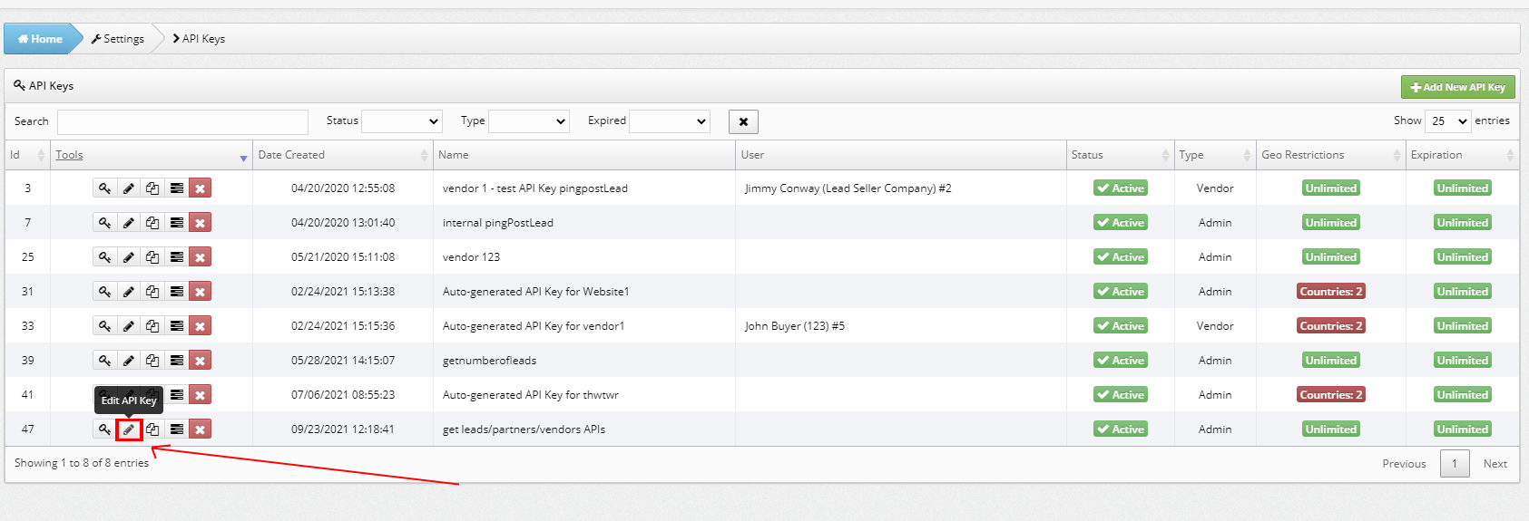 Image showing how to Edit API Key